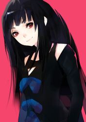  black_hair chinese_commentary cleavage_cutout clothing_cutout commentary_request eyelashes female long_hair looking_at_viewer original photoshop_(medium) pump_(pumpqmuq) red_eyes shoulder_cutout simple_background smile solo straight_hair triangle_cutout very_long_hair 