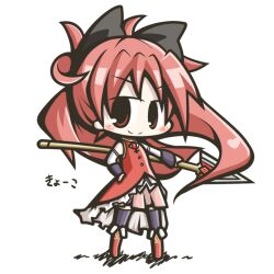  aoblue blush bow chibi commentary_request female hairbow long_hair mahou_shoujo_madoka_magica mahou_shoujo_madoka_magica_(anime) polearm polearm_behind_back red_eyes red_hair sakura_kyoko sakura_kyoko_(magical_girl) smile solo spear thighhighs weapon 