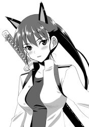  animal_ears bad_id bad_pixiv_id blush dog_ears dog_girl female greyscale katana kitagou_fumika kyogoku_shin looking_at_viewer military military_uniform monochrome one-piece_swimsuit open_mouth ponytail scabbard sheath smile solo strike_witches_zero swimsuit swimsuit_under_clothes sword uniform upper_body weapon world_witches_series 