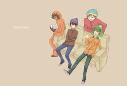  4boys black_hair blonde_hair copyright_name couch crossed_arms earflap_hat eric_cartman gloves hat hat_pompom highres jacket kenny_mccormick kyle_broflovski male male_focus middle_finger multiple_boys reading short_hair sitting south_park stan_marsh wallpaper 