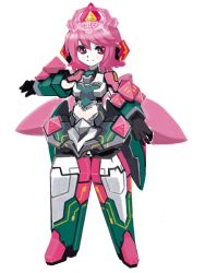  blush chibi commentary_request cosmic_break female mecha_musume pink_hair puribate_(helgoland) red_eyes short_hair simple_background solo winberrl 