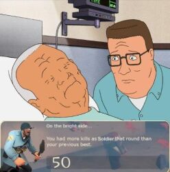  bed bed_sheet bedding brown_hair cotton_hill death electronics eyewear frown furniture glasses hair hank_hill hospital king_of_the_hill low_res meme monitor never_forget pillow pocket_sand propane screencap soldier_(team_fortress_2) team_fortress_2 third-party_edit valve white_hair 