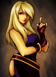  bangle bare_shoulders belt blonde_hair blue_eyes bracelet commentary_request diana_jakobsson dress fatal_fury female fingerless_gloves garou:_mark_of_the_wolves gloves jenet_behrn jewelry lips long_hair nail_polish nose side_slit snk solo 