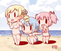  3girls algorithm_march beach bikini blonde_hair blue_hair charlotte_(madoka_magica) chibi commentary_request crab day drill_hair gerotan hair_ornament hair_ribbon hairclip kaname_madoka mahou_shoujo_madoka_magica mahou_shoujo_madoka_magica_(anime) miki_sayaka multiple_girls outdoors pink_hair ribbon short_twintails swimsuit tomoe_mami twin_drills twintails water 