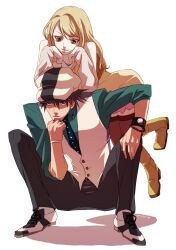  1boy bare_shoulders blonde_hair boots bracelet brown_eyes brown_hair brown_legwear byon cabbie_hat commentary_request detached_sleeves facial_hair female hat jewelry kaburagi_t._kotetsu karina_lyle long_hair necklace necktie on_head person_on_head short_hair squatting stubble thighhighs tiger_&amp;_bunny vest waistcoat watch wristwatch zettai_ryouiki 