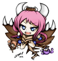  3girls atk402 blue_eyes broodling_(starcraft) broodlord_(starcraft) chibi fangs hair_bobbles hair_ornament horns light_purple_hair multiple_girls open_mouth short_twintails simple_background smile starcraft tail twintails zerg_(starcraft) 