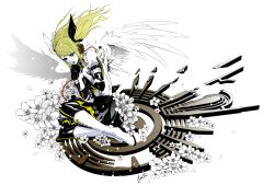  blonde_hair comipa feather_wings flower hair_clip headphones kagamine_rin long_hair meltdown simple_background vocaloid white_background wings 