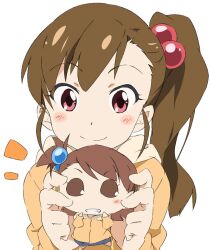  brown_eyes brown_hair character_doll chibi closed_mouth commentary_request female futami_ami futami_mami idolmaster idolmaster_(classic) idolmaster_2 koami long_hair puchimasu! side_ponytail smile solo umanosuke upper_body 