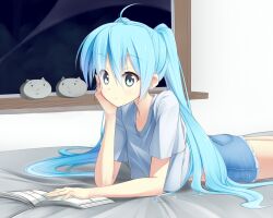  ahoge bed blue_eyes blue_hair book casual commentary_request female hatsune_miku indoors kuroneko_shiro long_hair lying nail_polish on_bed on_stomach reading shirt solo t-shirt twintails very_long_hair vocaloid 