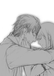  1boy bad_id bad_pixiv_id caress closed_eyes couple female forehead-to-forehead greyscale heads_together jacket lab_coat long_hair makise_kurisu miya_(hooooo) monochrome okabe_rintarou photoshop_(medium) profile short_hair simple_background smile steins;gate straight tears 