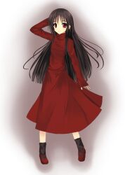  alma_(f.e.a.r.) animification arm_behind_head bad_id bad_pixiv_id black_hair black_socks dress f.e.a.r. female highres long_hair looking_at_viewer mary_janes niboss red_dress red_eyes shoes sleeves_past_wrists socks solo 