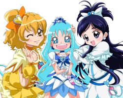  3girls belt black_eyes black_hair blue_bow blue_choker blue_eyes blue_hair blue_skirt blush bow brooch brown_eyes brown_hair choker commentary_request crossed_arms cure_marine cure_pine cure_white dress earrings eyelashes fresh_precure! frills futari_wa_precure gathers group_picture hair_ornament hair_ribbon hairpin half_updo happy heart heart_brooch heart_hair_ornament heartcatch_precure! high_ponytail in-franchise_crossover jewelry kurumi_erika long_hair magical_girl multiple_girls one_eye_closed orange_choker photoshop_(medium) ponytail precure ribbon short_hair sinko_(sinsin) skirt smile yamabuki_inori yukishiro_honoka 