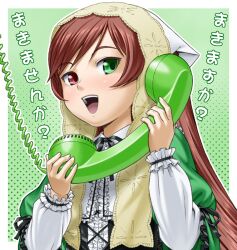  brown_hair commentary_request corded_phone female green_eyes hairband hands headdress heterochromia holding ichikawa_masahiro long_hair neck_ribbon open_mouth phone red_eyes ribbon rozen_maiden solo suiseiseki translated upper_body 