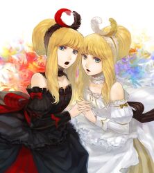  2girls bad_id bad_pixiv_id bare_shoulders black_dress blonde_hair blue_eyes blunt_bangs choker detached_sleeves doll dress elisabeth_von_wettin elyse_(sound_horizon) feather_hair_ornament feathers hair_ornament hairband highres holding_hands interlocked_fingers katsura_(+araka) long_hair maerchen_(sound_horizon) multiple_girls open_mouth ponytail ribbon sidelocks sound_horizon white_dress 