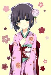  bad_id bad_pixiv_id black_eyes black_hair female floral_print ichigo_miruku ikoku_meiro_no_croisee japanese_clothes kimono pink_kimono short_hair solo yune_(ikoku_meiro_no_croisee) 