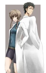  1boy amane_suzuha bad_id bad_pixiv_id bike_shorts black_hair braid brown_hair facial_hair female grin hand_in_pocket jacket lab_coat okabe_rintarou sajittari smile steins;gate stubble track_jacket twin_braids yellow_eyes 