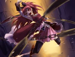  bare_shoulders black_thighhighs boots bow chains commentary_request female hairbow highres iwaya long_hair mahou_shoujo_madoka_magica mahou_shoujo_madoka_magica_(anime) motion_blur photoshop_(medium) ponytail red_eyes red_hair sakura_kyoko sakura_kyoko_(magical_girl) solo thighhighs weapon zettai_ryouiki 