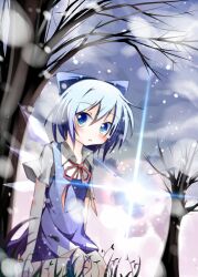  blue_dress blue_eyes blue_hair bow cirno cirno_day commentary_request dress fairy female hairbow hakobako ice ribbon short_hair solo standing sunlight touhou tree wings 