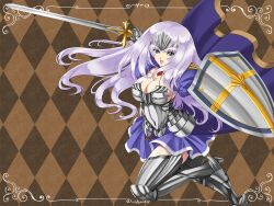  annelotte_(queen&#039;s_blade) argyle_background armor armored_dress blue_eyes boots breasts brown_background cape cleavage commentary_request female gauntlets inoino knight_princess_annelotte large_breasts legs long_hair open_mouth purple_hair queen&#039;s_blade queen&#039;s_blade_rebellion shield sideboob smile solo sword thigh_boots thighhighs thighs tiara weapon 