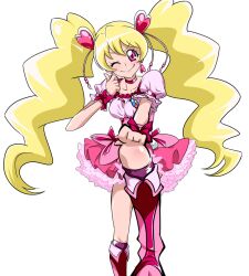  blonde_hair boots bow choker commentary_request cure_peach dress earrings eyelashes female foreshortening fresh_precure! hair_ornament hairpin heart heart_hair_ornament jewelry knee_boots long_hair magical_girl momozono_love one_eye_closed photoshop_(medium) pink_bow pink_choker pink_eyes pink_footwear pink_wrist_cuffs precure ribbon sinko_(sinsin) smile solo thumbs_up twintails wrist_cuffs 