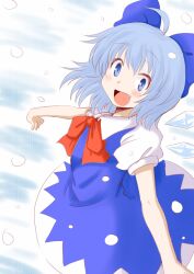  ahoge bad_id bad_pixiv_id blue_dress blue_eyes blue_hair blush bow cirno cirno_day dress fairy female hairbow highres ice looking_back nekota_susumu oerba_yun_fang open_mouth outstretched_arms ribbon short_hair smile snow solo standing touhou wings 