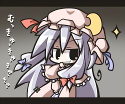  aoblue black_eyes bow chibi commentary_request crescent female grin hair_ribbon hand_on_own_face hat hat_bow laughing long_hair mukyuu patchouli_knowledge purple_hair ribbon robe smile solo touhou translated 