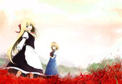  2girls :d alice_margatroid apron arm_strap blonde_hair blue_eyes book bow bowtie cloud commentary_request dress field flower flower_field hairband hairbow head_tilt lefthand long_hair looking_back multiple_girls open_mouth red_flower shanghai_doll short_hair skirt skirt_set smile spider_lily touhou 