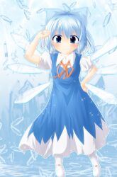  blue_dress blue_eyes blue_hair bow cirno cirno_day commentary_request dress fairy female fujiwara_rion hairbow hand_on_own_hip ice photoshop_(medium) ribbon short_hair smile solo standing touhou wings 