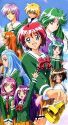  1990s_(style) 6+girls :d akai_homura arm_up asou_kasumi bell blonde_hair blue_eyes blue_hair bow brown_eyes brown_hair front_ponytail green_eyes green_hair green_shirt grin group_picture happy hibikino_high_school_uniform hinomoto_hikari ichimonji_akane ijuuin_mei kokura_masashi kotobuki_miyuki long_hair minazuki_kotoko mole mole_under_eye multiple_girls official_art open_mouth orange_hair petals pink_hair profile purple_eyes purple_hair red_hair retro_artstyle ribbon sakura_kaedeko scan school_uniform shirayuki_miho shirt short_hair sleeves_rolled_up smile tokimeki_memorial tokimeki_memorial_2 yae_kaori 