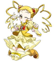  bike_shorts bike_shorts_under_skirt blonde_hair bug butterfly butterfly_brooch commentary_request cone_hair_bun cure_lemonade double_bun dress drill_hair eyelashes female flower full_body hair_bun hair_flower hair_ornament kasugano_urara_(yes!_precure_5) long_hair magical_girl one_eye_closed photoshop_(medium) precure red_flower red_rose rose shoes sinko_(sinsin) skirt solo thighhighs twin_drills twintails v yellow_eyes yellow_skirt yellow_thighhighs yes!_precure_5 