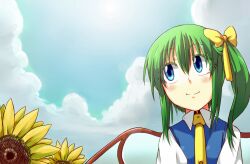  blue_eyes commentary_request daiyousei female flower green_hair hair_ribbon ooike_teru photoshop_(medium) ribbon side_ponytail solo sunflower touhou wings 