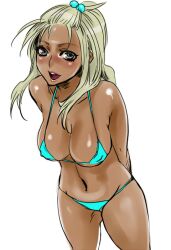  amatake_akeo amatake_akewo bikini blonde_hair blush breasts cleavage female gray_eyes grey_eyes hair_ornament large_breasts long_hair navel open_mouth solo swimsuit tan tanned 