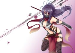  antenna_hair arm_strap belt black_thighhighs breasts cleavage cleavage_cutout clothing_cutout commentary_request cu-no earrings elbow_gloves female fingerless_gloves glasses gloves green_eyes highres hisen_kaede hoop_earrings jewelry kokonoe_tamaki large_breasts long_hair navel ninja official_art pince-nez pink_eyes ponytail purple_hair scarf solo thighhighs 