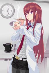  artistic_error belt black_shorts blue_eyes brown_hair clock coffee_pot commentary_request eating electric_kettle female fork hiroaki_(hiropon_pj) kettle lab_coat long_hair makise_kurisu necktie nissin_cup_noodle pantyhose red_necktie shorts solo steam steins;gate 