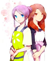  2girls apron bad_id bad_pixiv_id blue_eyes brown_eyes brown_hair hakusai_(tiahszld) inazuma_eleven inazuma_eleven_(series) inazuma_eleven_go jewelry kudou_fuyuka long_hair multiple_girls necklace photoshop_(medium) purple_hair raimon_natsumi 