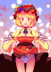  :o aki_minoriko apple apron arm_ribbon autumn_leaves blonde_hair blush breasts brown_skirt choker clothes_lift commentary_request female food fruit grapes hat highres ikamagu long_sleeves looking_down medium_breasts medium_skirt neck_ribbon open_mouth panties persimmon photoshop_(medium) print_skirt red_eyes ribbon shirt short_hair side-tie_panties skirt skirt_basket skirt_lift sleeves_past_wrists solo sweet_potato touhou underwear white_panties wide_sleeves 