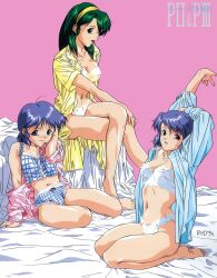  3girls arms_up bed_sheet blue_eyes blue_hair blush bra green_eyes green_hair hairband highres kneeling lingerie long_hair long_sleeves multiple_girls navel official_art open_clothes open_shirt panties photoshop_(medium) serizawa_kasumi shirt shoko_(super_real_mahjong) short_hair simple_background sitting sleeves_rolled_up smile super_real_mahjong tanaka_ryou underwear underwear_only yuu_(super_real_mahjong) 