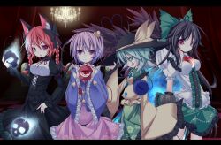  4girls animal_ears arm_cannon black_dress black_hair black_wings bow braid cape cat_ears cat_tail chandelier commentary_request dress frilled_skirt frills futase_hijiri green_eyes green_hair green_skirt hair_ribbon hairband hairbow hand_on_headwear hat heart kaenbyou_rin komeiji_koishi komeiji_satori letterboxed medium_skirt miniskirt multiple_girls multiple_tails nekomata pink_hair pink_skirt print_skirt purple_eyes red_eyes red_hair reiuji_utsuho ribbon shirt skirt skull slit_pupils smirk space stained_glass tail third_eye touhou twin_braids weapon wings 