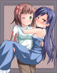  2girls amami_haruka bare_shoulders blue_hair blush brown_eyes brown_hair carrying choker commentary_request dress frown gloves green_eyes idolmaster idolmaster_(classic) kisaragi_chihaya long_hair multiple_girls one_eye_closed princess_carry smile takasaka_donten 