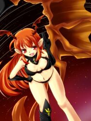  asymmetrical_clothes asymmetrical_clothing breasts demon_girl elbow_gloves gloves hand_on_hip hips leaning_forward long_hair lord_of_vermilion midriff navel oerba_yun_fang open_mouth orange_hair pointy_ears red_eyes single_wing smile solo succubus succubus_(lord_of_vermilion) tail wings 