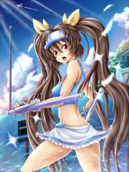  bad_id bad_pixiv_id bow brown_hair cloud day female frilled_skirt frills hair_ribbon hasumi_eri long_hair looking_at_viewer microskirt midriff open_mouth pote_(crown) red_eyes ribbon skirt sky solo tonfa twintails vanguard_princess very_long_hair visor_cap water weapon white_skirt yellow_bow 