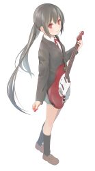  bad_id bad_pixiv_id black_hair blue_skirt buttons female full_body guitar highres instrument k-on! loafers long_hair long_sleeves looking_at_viewer miniskirt nakano_azusa nnyu photoshop_(medium) pleated_skirt plectrum red_eyes ribbon sakuragaoka_high_school_uniform school_uniform shoes simple_background skirt smile socks solo twintails 