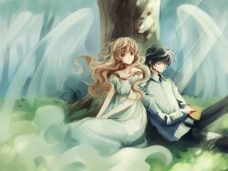  1boy angel_wings black_hair blonde_hair brown_eyes closed_eyes commentary_request dress female feng_you ghost highres long_hair monou_kotori photoshop_(medium) shirou_kamui short_hair tree wings x_(manga) 