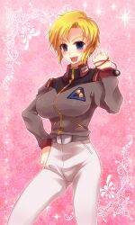  blonde_hair blue_eyes breasts commentary_request female genderswap_(mtf) gundam gundam_unicorn impossible_clothes jewelry large_breasts military military_uniform necklace riddhe_marcenas rule_63 short_hair solo sparkle uniform yuya_(oshidori) 