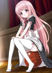  :o ball basketball_(object) blush female from_below fujioka_toki full_body hakamada_hinata highres long_hair maid maid_headdress no_shoes open_mouth pink_hair rou-kyuu-bu! sitting solo thighhighs very_long_hair white_thighhighs wooden_floor 