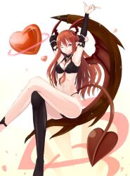  akagi_kiyo armpit armpits breasts cleavage crossed_legs demon_girl heart horns ki_azuka legs_crossed long_hair lord_of_vermilion navel pointy_ears red_eyes red_hair single_thighhigh single_wing sitting smile solo succubus succubus_(lord_of_vermilion) tail thighhighs tongue wings wink 