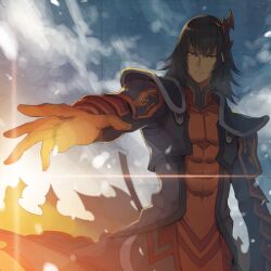  1boy armor black_hair coat commentary_request frown gaius_(tales) gloves hair_ornament hairpin lens_flare male_focus mami_(apsaras) manly outstretched_hand red_eyes serious sky solo surcoat tales_of_(series) tales_of_xillia 