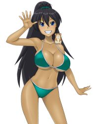  animal black_hair blue_eyes breasts cleavage commentary_request female ganaha_hibiki grin hamster hamuzou idolmaster idolmaster_(classic) kawanuma_uotsuri large_breasts long_hair navel ponytail smile tan underboob waving 