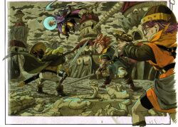  3boys bandana battle blue_hair boots cape chrono_trigger clenched_teeth crono_(chrono_trigger) female frog_(chrono_trigger) glasses gloves gun helmet highres holding holding_weapon long_hair long_sleeves lucca_ashtear magus_(chrono_trigger) multiple_boys official_art outdoors pants purple_hair red_hair scan scarf scythe shield short_hair sleeveless sword teeth toriyama_akira weapon wristband 