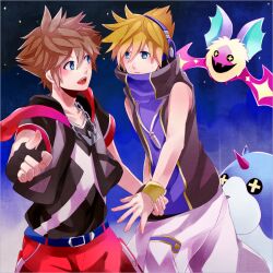  2boys blue_eyes brown_hair commentary_request dream_eater_(kingdom_hearts) fingerless_gloves gloves headphones jewelry kingdom_hearts kingdom_hearts_3d_dream_drop_distance koumori_bat male_focus multiple_boys necklace orange_hair sakuraba_neku sana423 sora_(kingdom_hearts) subarashiki_kono_sekai wondernyan_(kingdom_hearts) wristband 